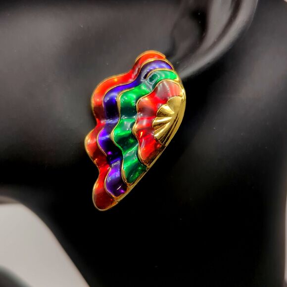 Colorful Statement post earrings - rainbow wave gold tone - 80s retro - Picture 1 of 3